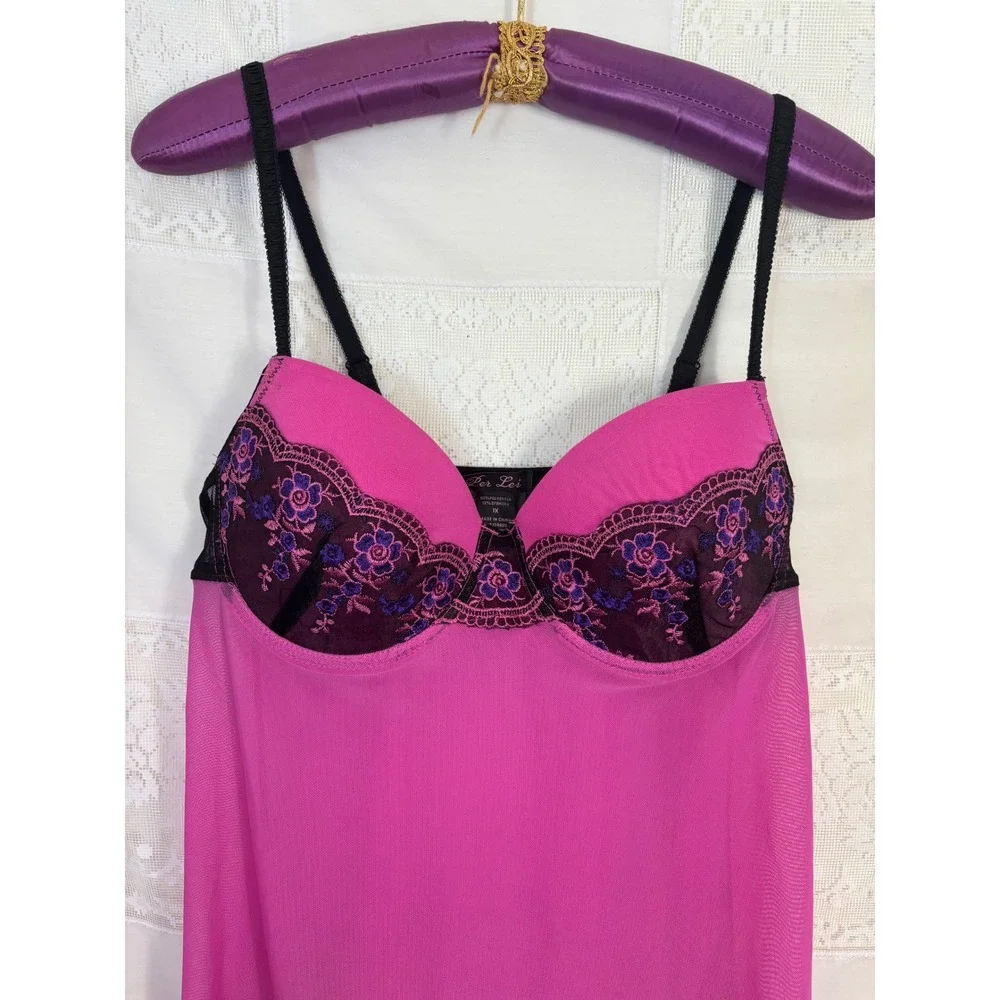 Y2K Pink+Black+Purple‎ Floral Embroidered Coquette Sheer Mesh Chemise Size XL